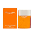 Clinique Happy cologne spray for men with orange bottle and packaging on a white background