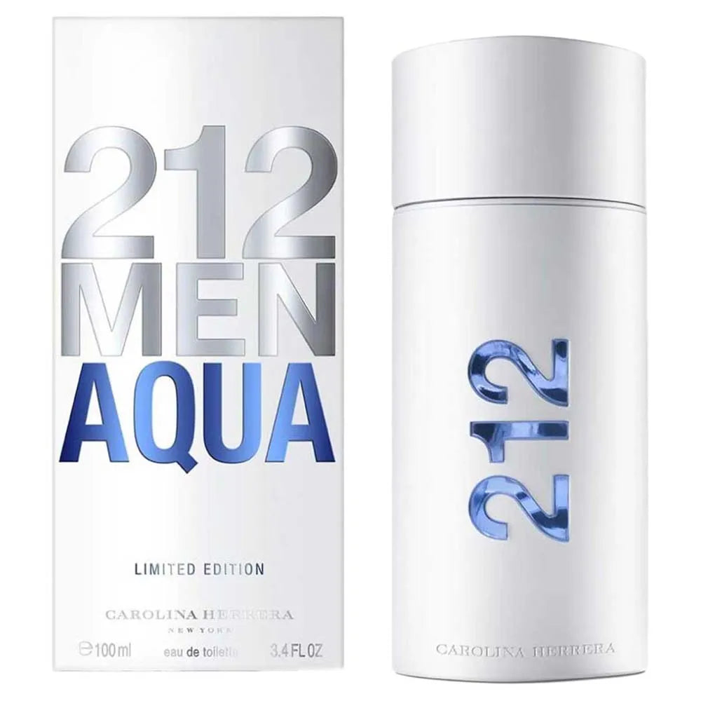 212 Men Aqua perfume bottle and packaging on a white background